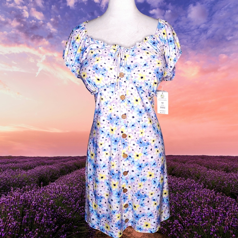 No Boundaries Plus Size Lavender Floral Print Soft Touch  Empire Waist Dress